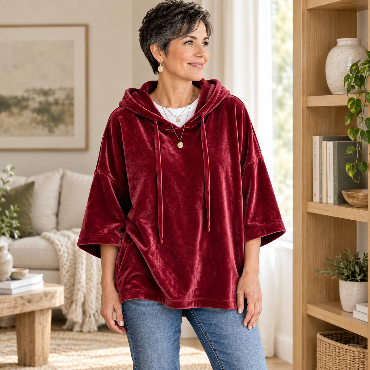 Women's Velour Oversized Hoodie 3/4 Sleeve