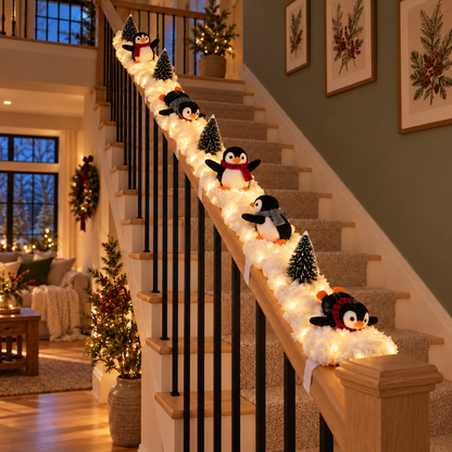 Playful Penguin Snowy Stair Railing Decor