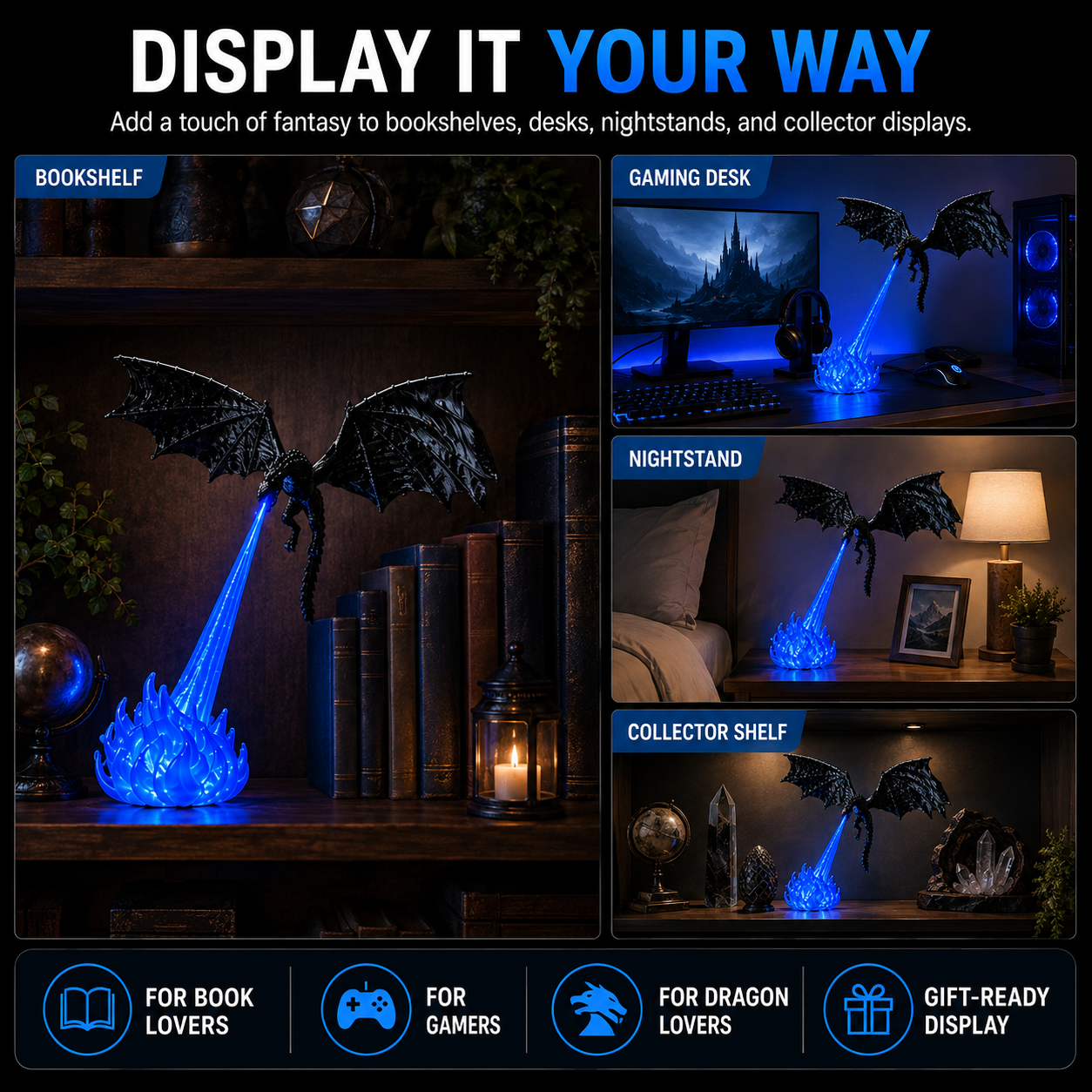 🔥 HOT SALE 🐉| 3D Fire-Breathing Dragon LED Display – Fantasy Bookshelf Decor with Glowing Flame