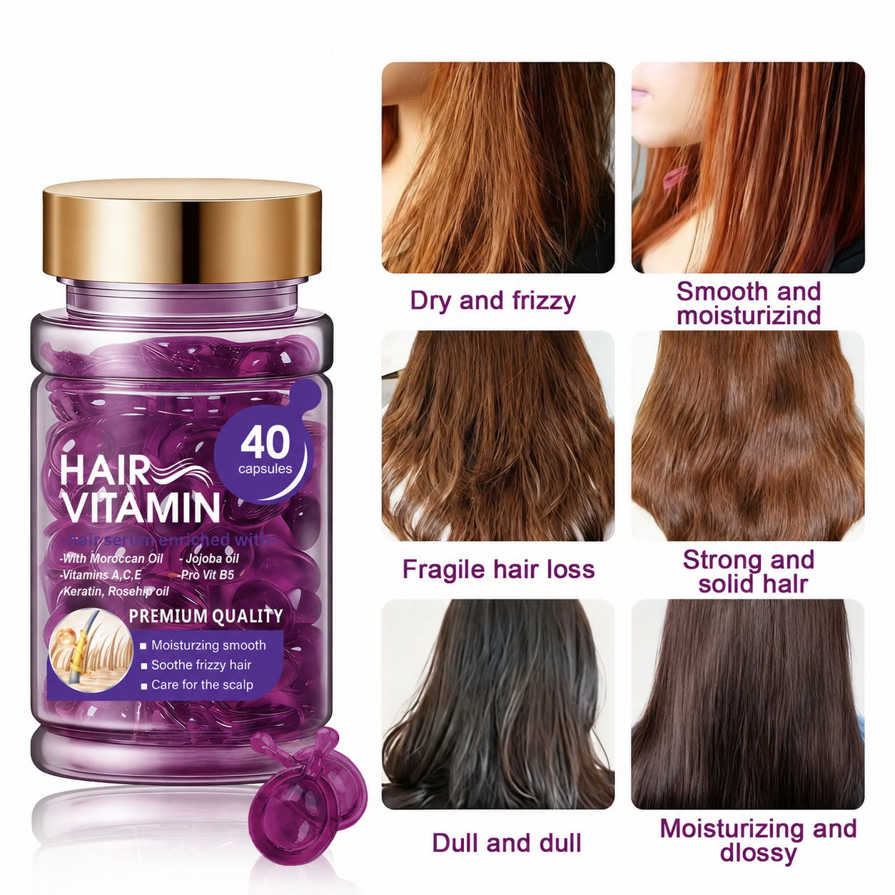 Hair Vitamin Capsules with Violet & Argan Oil for Frizz Control