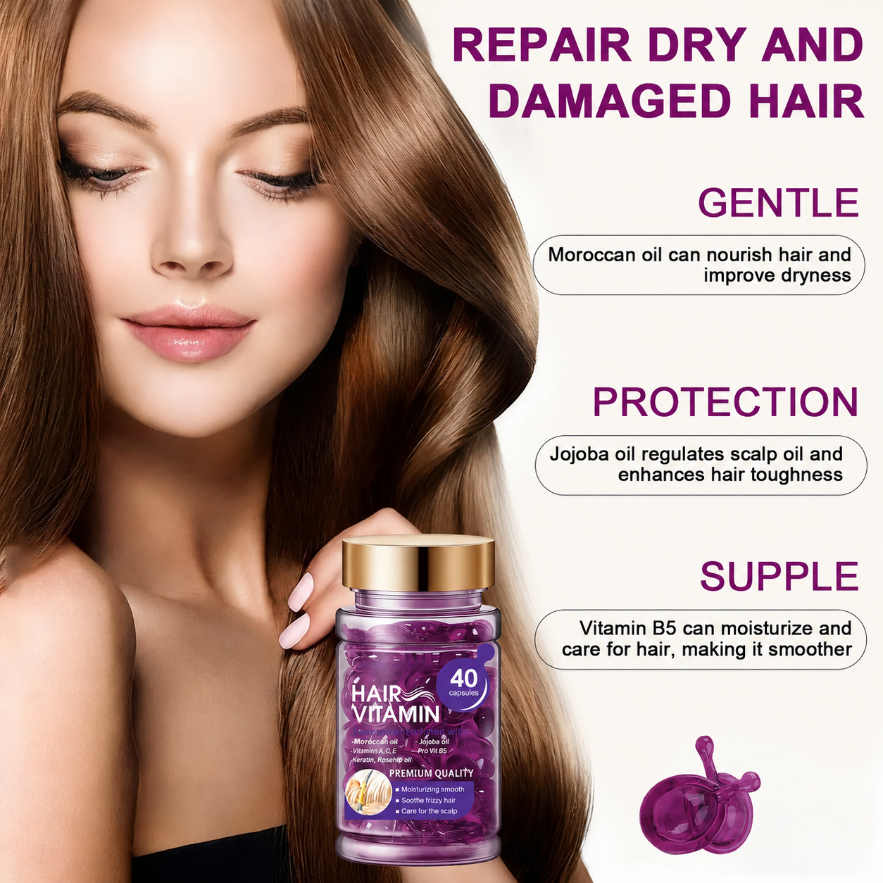 Hair Vitamin Capsules with Violet & Argan Oil for Frizz Control