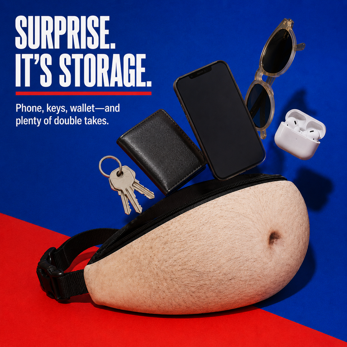Dad bod waist bag worn under a shirt