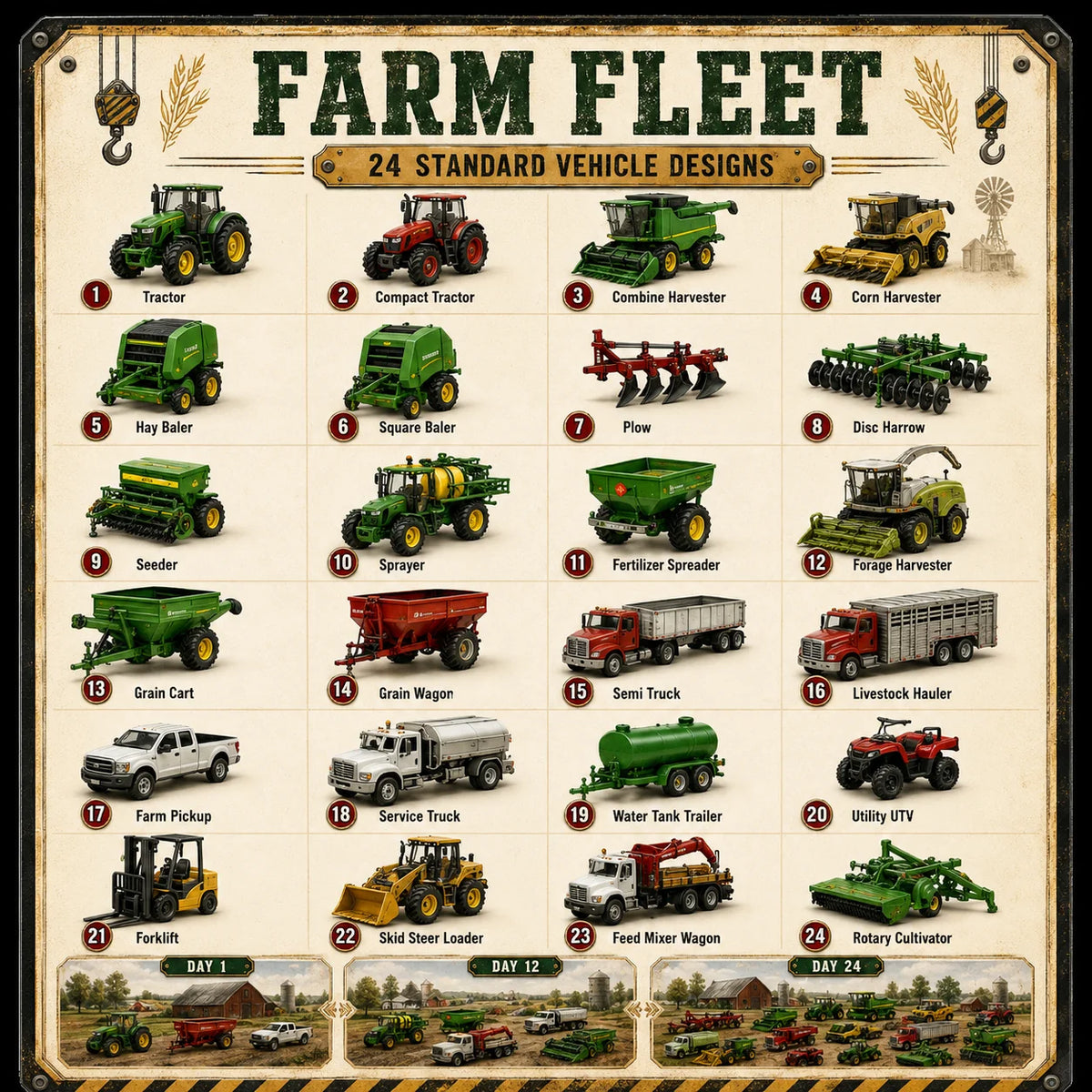 Farm Fleet chart showing 24 vehicle designs