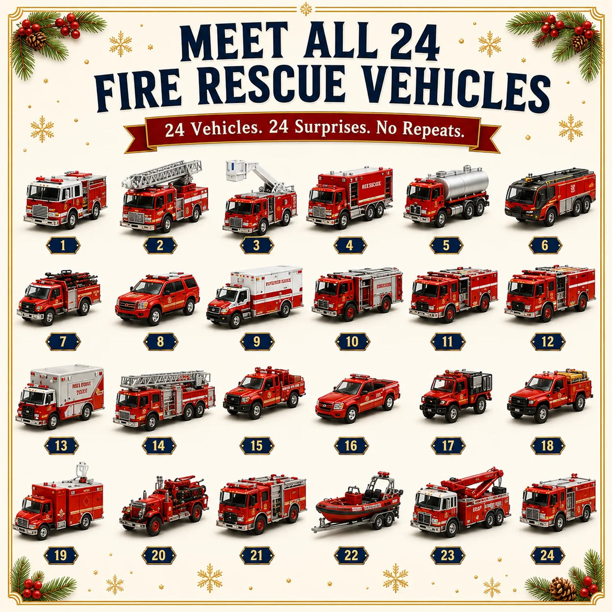 Fire Rescue chart showing 24 miniature vehicle surprises