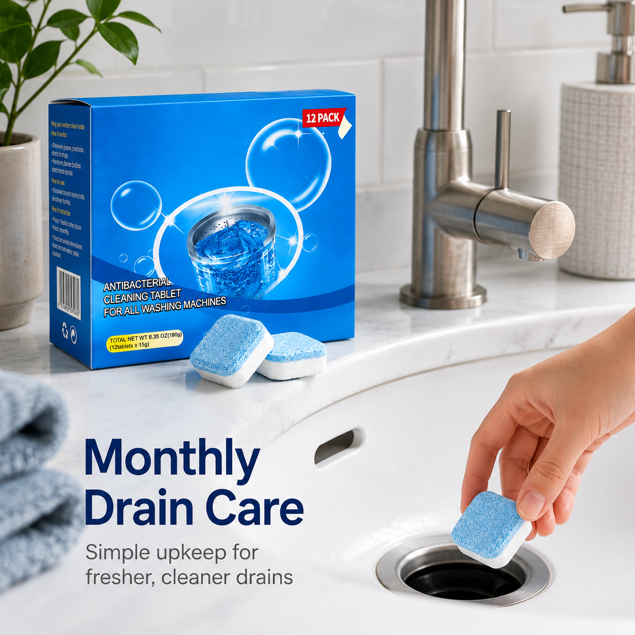 💥Drain Cleaning Tablets 12 Pack For Sinks, Showers & Washing Machines