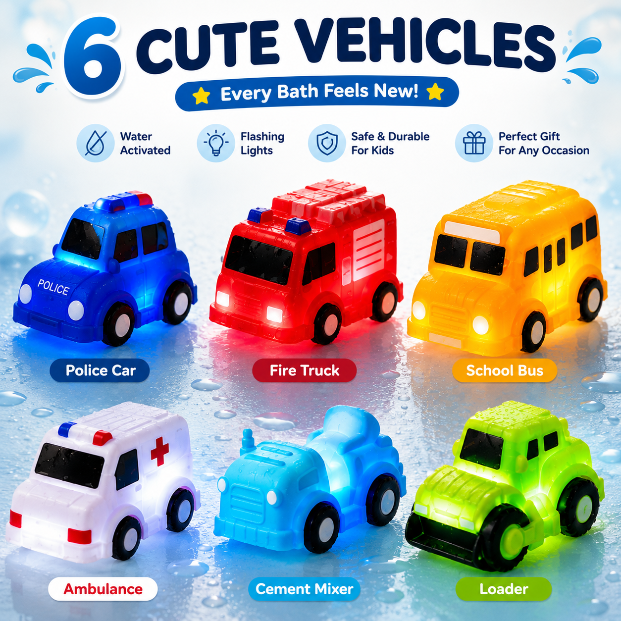 🚗 6PCS Does your little one hate bath time? Watch the smiles light up in seconds! ✨