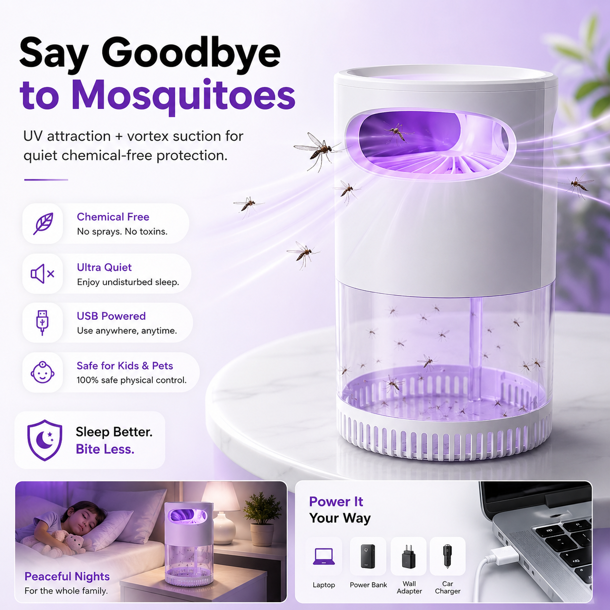 🌙Quiet UV Mosquito Trap – Chemical-Free & Safe for Kids & Pets🦟