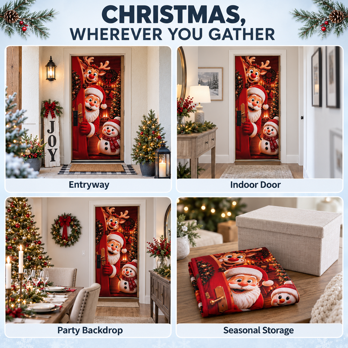 Christmas Door Cover Elastic Santa Reindeer Snowman Xmas Tree Decoration
