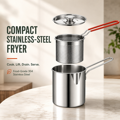 2026🔥🍟 Personal Mini Deep Fryer Set – Stainless Steel Pot with Lift-Out Draining Basket & Food Tongs