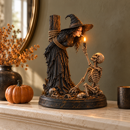 🖤 Light-Up Witch & Skeleton Gothic Figurine | Dark Halloween Tabletop Scene with Glowing Flame Detail 🔥