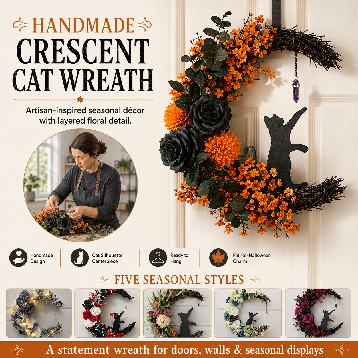 ✨Handmade Halloween Cat Wreath🐈‍⬛🌙