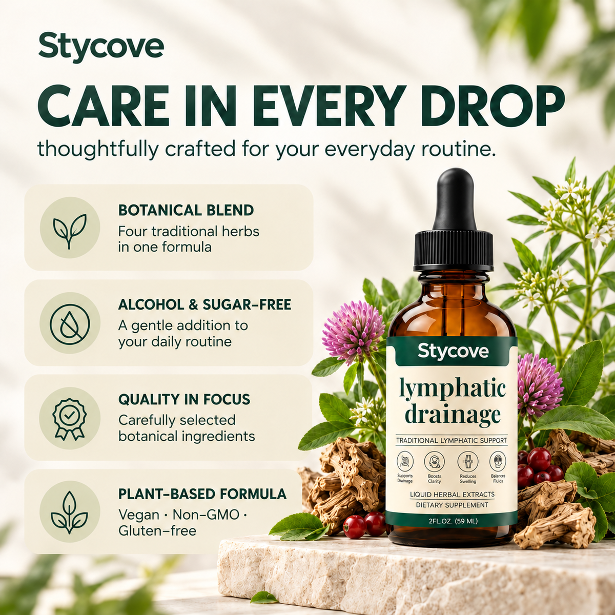 Stycove Lymphatic Drainage Drops | 4-Botanical Daily Lymphatic Support, Alcohol-Free & Vegan, 2 Fl Oz