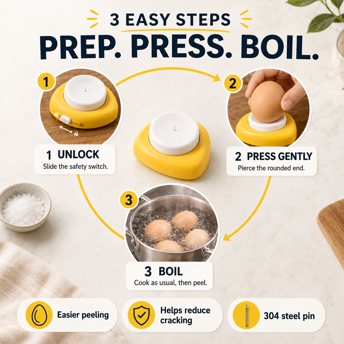 🥚 2PCS Egg Piercer for Perfect Boiled Eggs – Easy Peel Egg Tool with Safety Lock & 304 Stainless Steel Pin