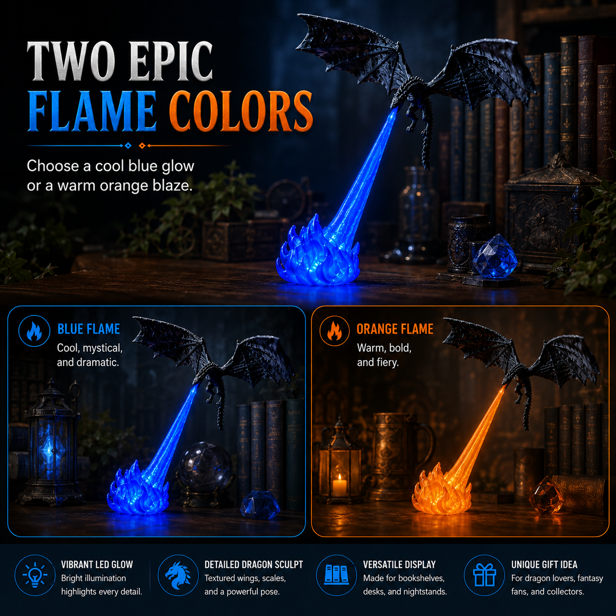 🔥 HOT SALE 🐉| 3D Fire-Breathing Dragon LED Display – Fantasy Bookshelf Decor with Glowing Flame
