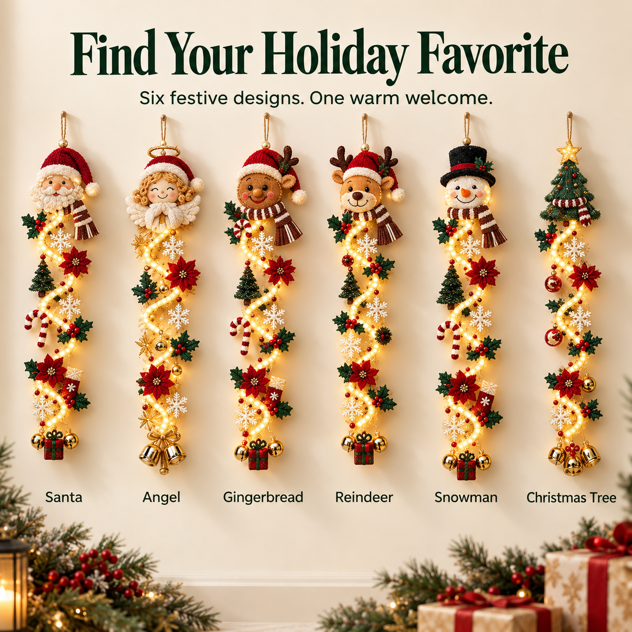 🎄 Glowing Christmas Door Hanger | 6 Festive Lighted Designs with Warm Glow, Dimensional Details & Space-Saving Vertical Décor ✨