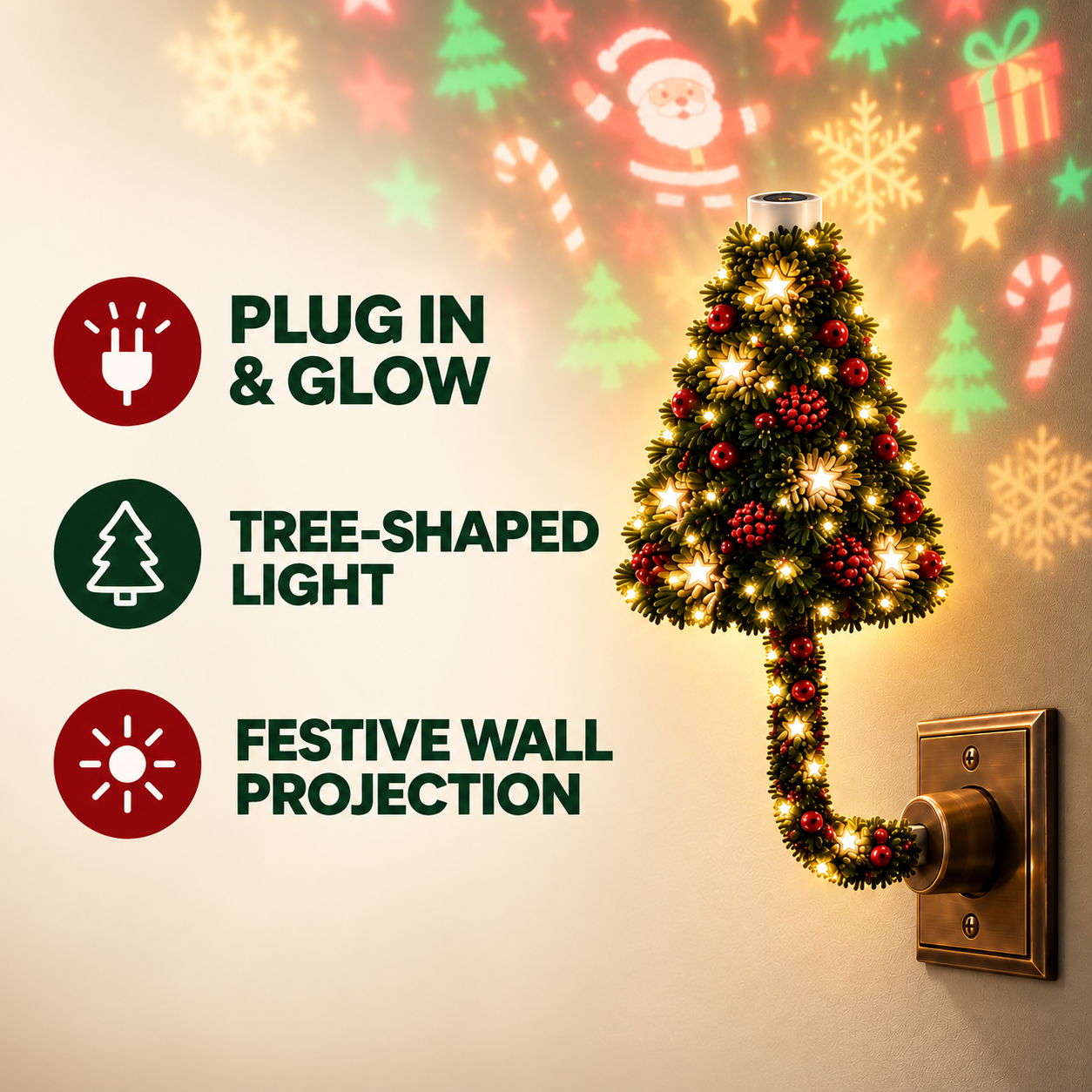 Feature graphic showing plug in glow tree-shaped light and festive wall projection