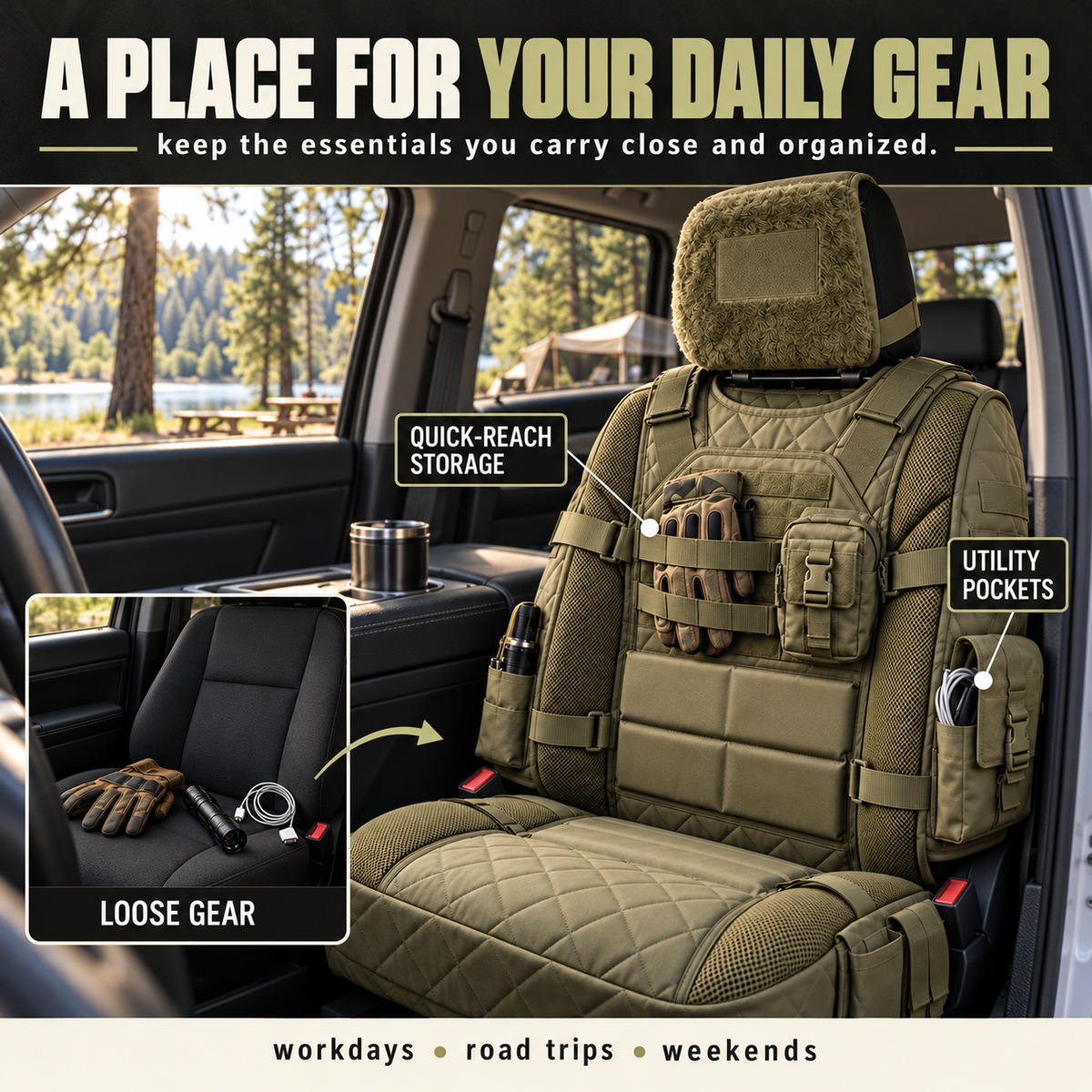 🚙 Durable Tactical Truck Seat Cover✨ Storage, Protection & All-Day Comfort