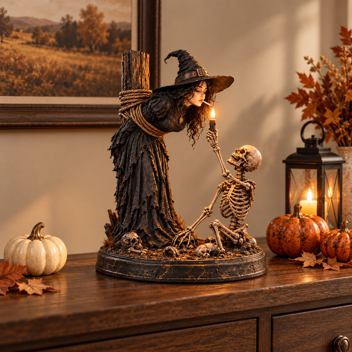 🖤 Light-Up Witch & Skeleton Gothic Figurine | Dark Halloween Tabletop Scene with Glowing Flame Detail 🔥