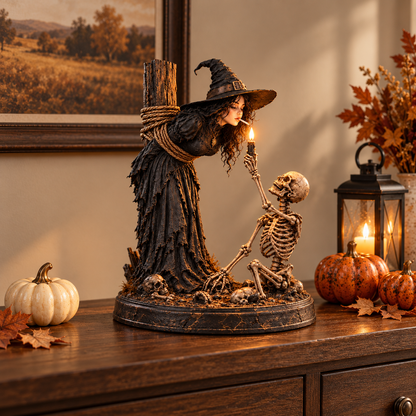 🖤 Light-Up Witch & Skeleton Gothic Figurine | Dark Halloween Tabletop Scene with Glowing Flame Detail 🔥