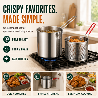 2026🔥🍟 Personal Mini Deep Fryer Set – Stainless Steel Pot with Lift-Out Draining Basket & Food Tongs
