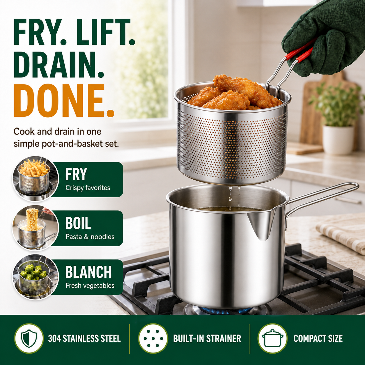2026🔥🍟 Personal Mini Deep Fryer Set – Stainless Steel Pot with Lift-Out Draining Basket & Food Tongs