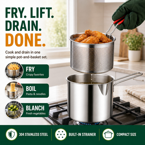 2026🔥🍟 Personal Mini Deep Fryer Set – Stainless Steel Pot with Lift-Out Draining Basket & Food Tongs