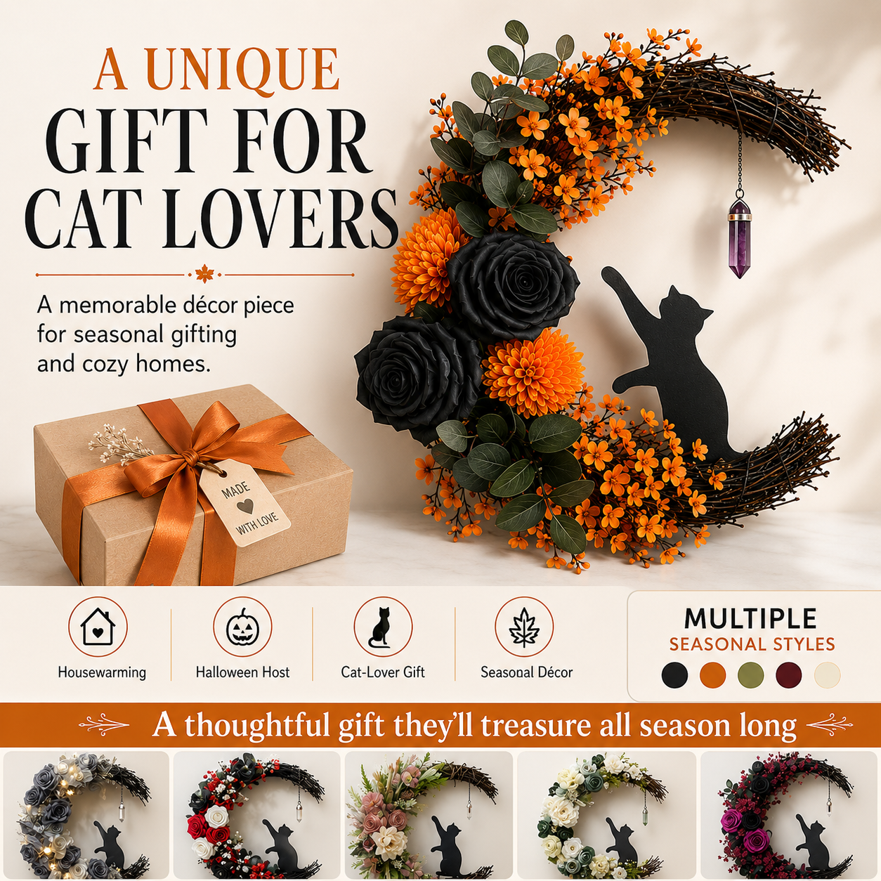 ✨Handmade Halloween Cat Wreath🐈‍⬛🌙