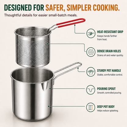 2026🔥🍟 Personal Mini Deep Fryer Set – Stainless Steel Pot with Lift-Out Draining Basket & Food Tongs