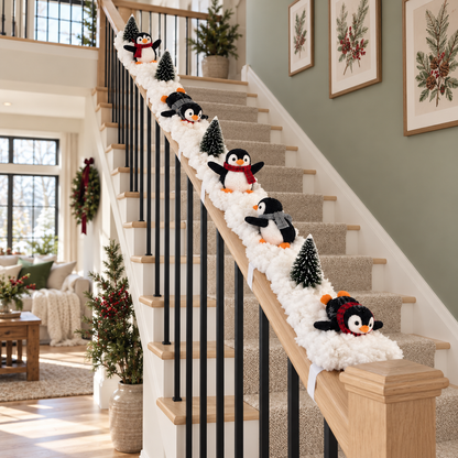Playful Penguin Snowy Stair Railing Decor