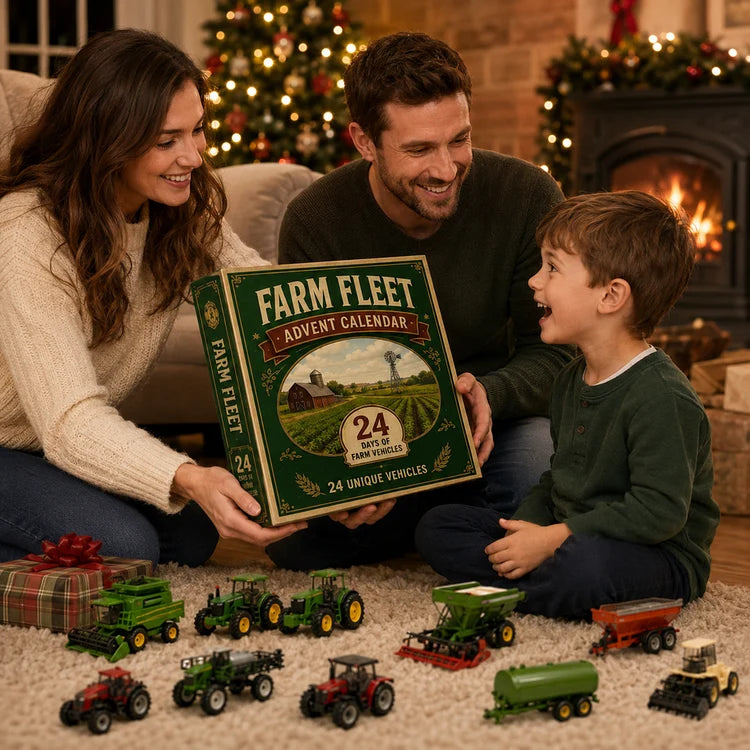 Family opening a Farm Fleet 24-day vehicle advent calendar at Christmas