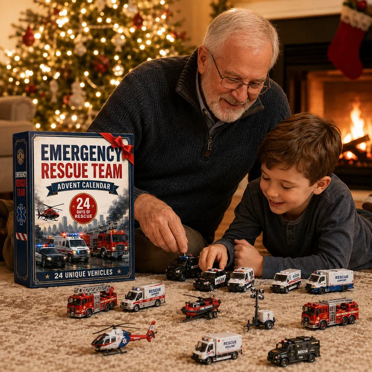 Grandparent and child playing with Emergency Rescue advent calendar vehicles