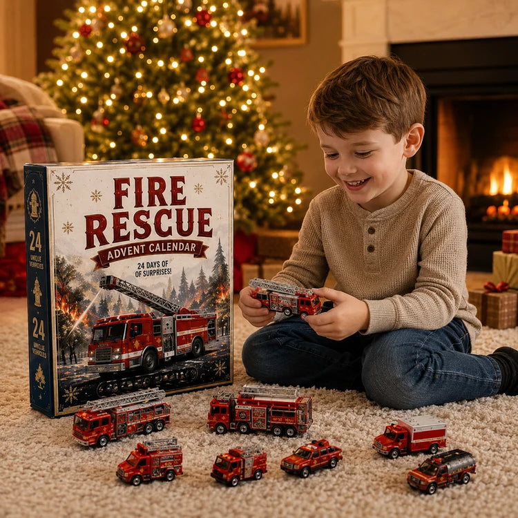 Child playing with Fire Rescue vehicles beside a Christmas tree