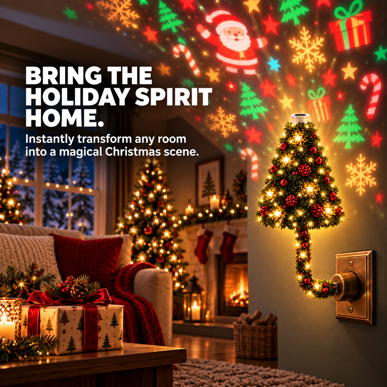 Christmas tree-shaped projection light filling a room with festive color