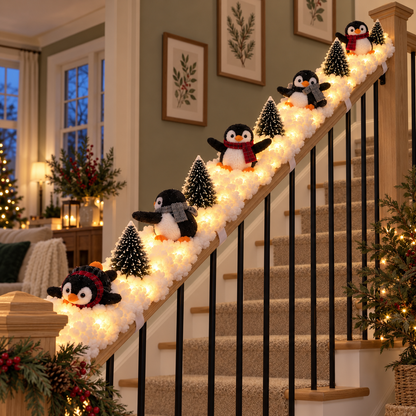 Playful Penguin Snowy Stair Railing Decor