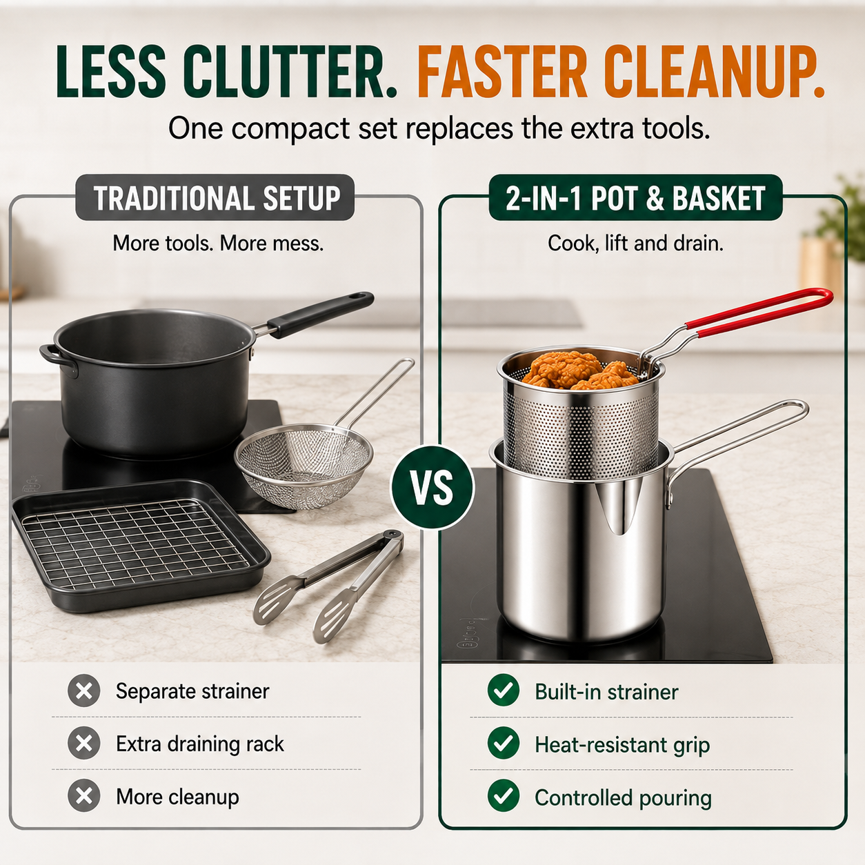 2026🔥🍟 Personal Mini Deep Fryer Set – Stainless Steel Pot with Lift-Out Draining Basket & Food Tongs