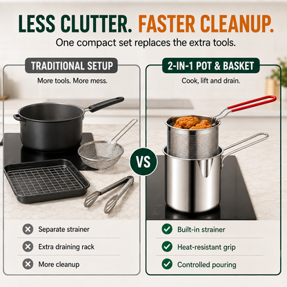 2026🔥🍟 Personal Mini Deep Fryer Set – Stainless Steel Pot with Lift-Out Draining Basket & Food Tongs