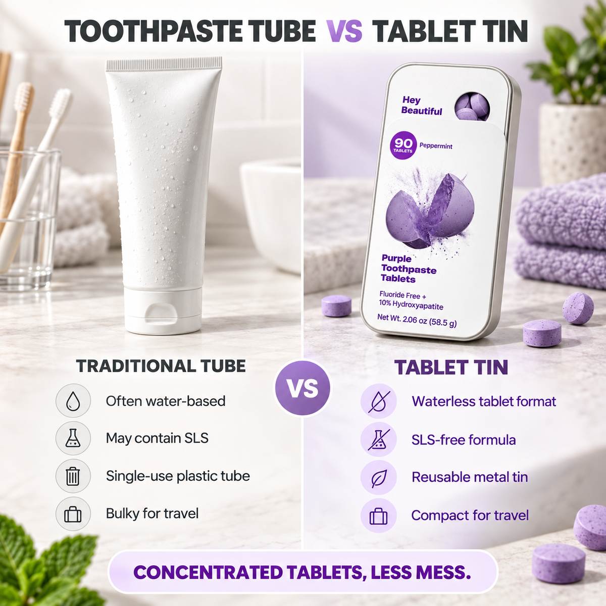 90 purple peppermint toothpaste tablets with hydroxyapatite and PAP