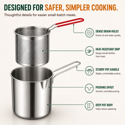 2026🔥🍟 Personal Mini Deep Fryer Set – Stainless Steel Pot with Lift-Out Draining Basket & Food Tongs