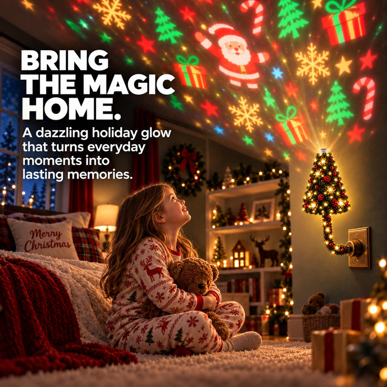Child enjoying Christmas projection light in a cozy room
