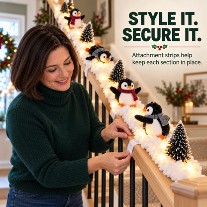 Playful Penguin Snowy Stair Railing Decor
