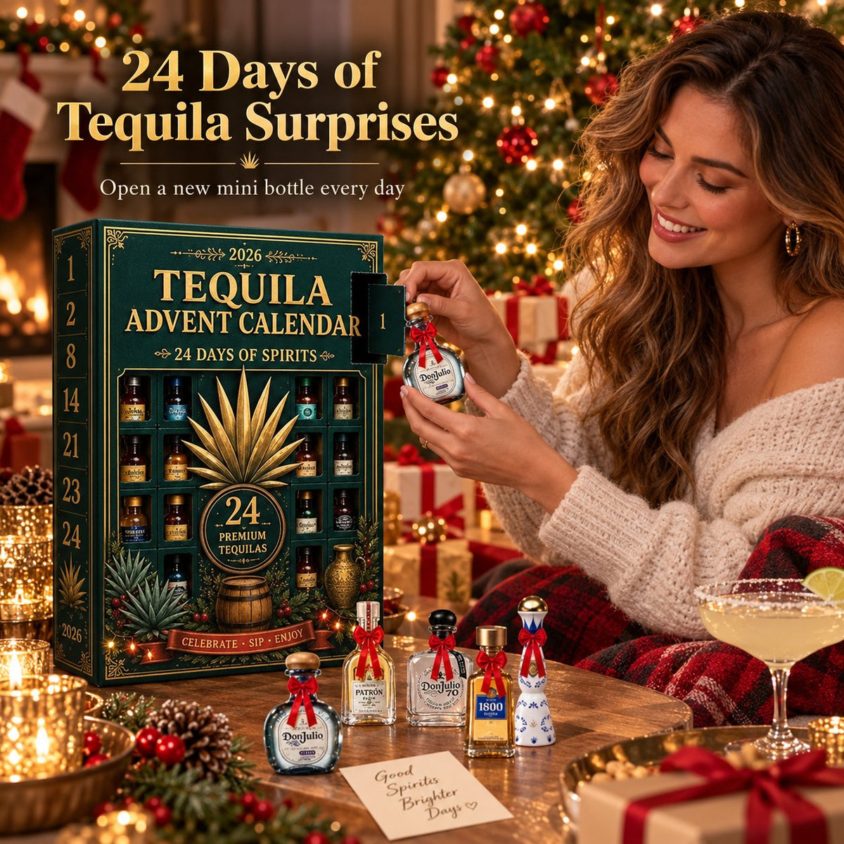 24‑Day Mini Tequila Bottle Advent Box, Holiday Countdown Bar & Tabletop Decor