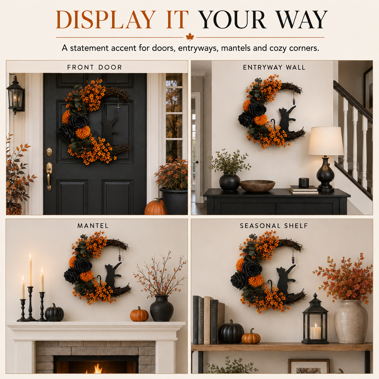 ✨Handmade Halloween Cat Wreath🐈‍⬛🌙
